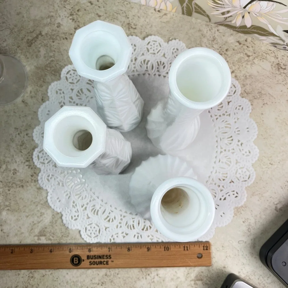 Hoosier Glass Bud Vases Set of 4 Vintage Milk Glass White Geometric Swirl